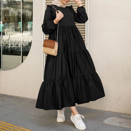 Robe Midi Femme à Manches Longues et Col Rond – Élégante et Flatteuse