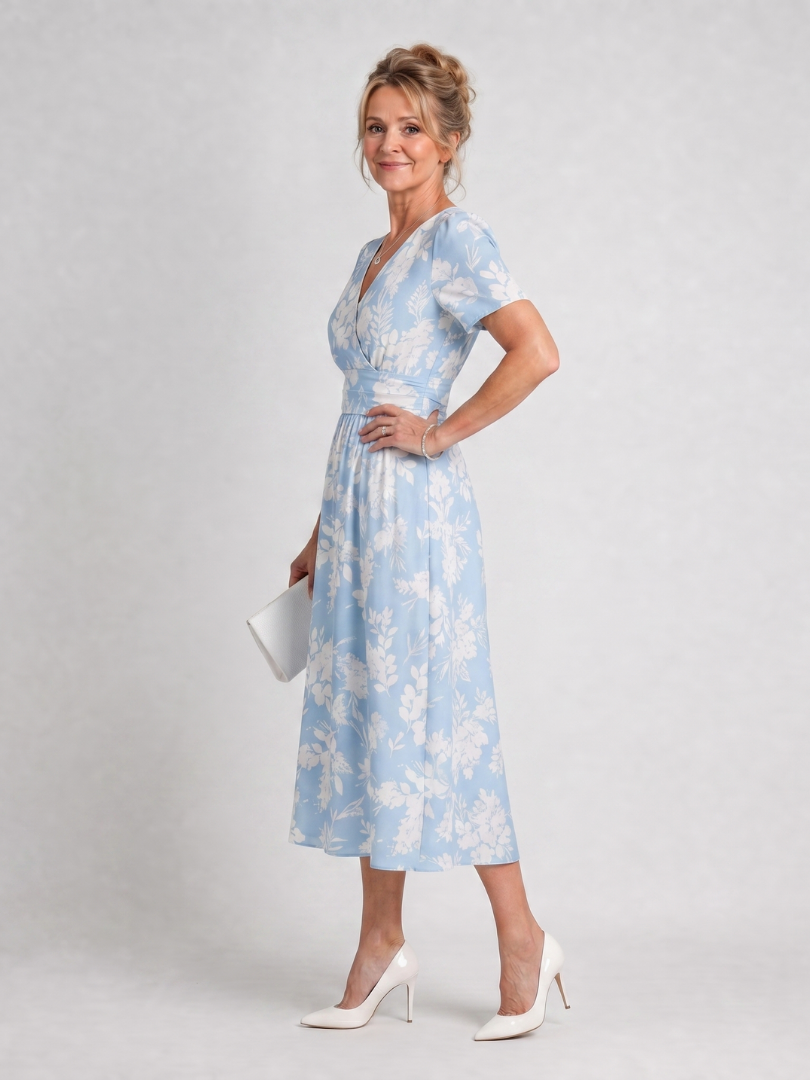 Women's floral midi dress with V-neck and short sleeves - Lightweight and summery