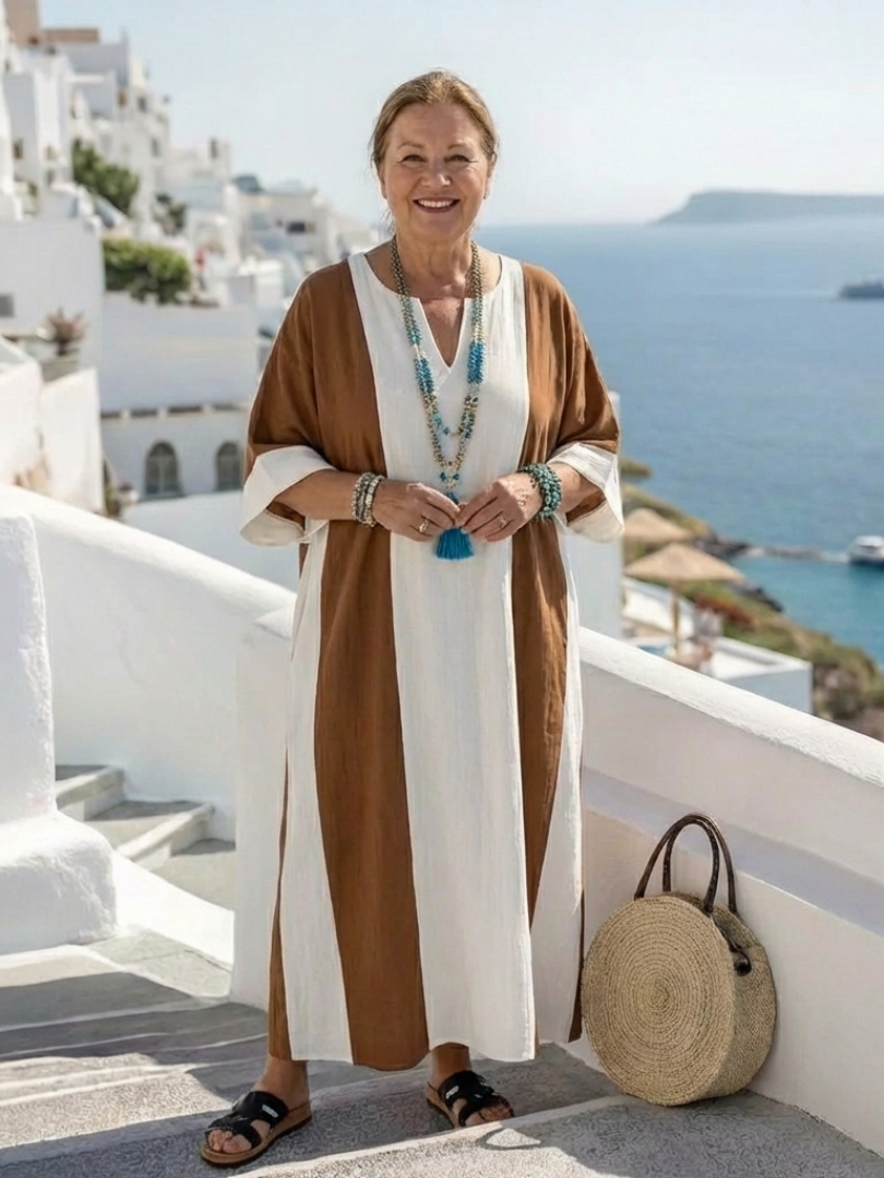 Robe maxi femme à blocs de couleurs et manches courtes – Coupe fluide décontractée
