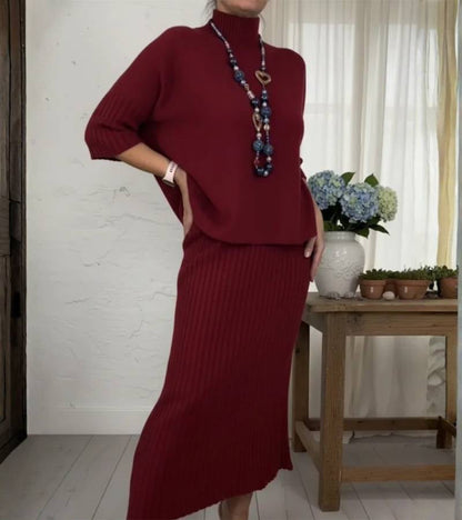 Ensemble Tricot Élégant Femme – Pull Col Roulé Côtelé et Jupe Midi