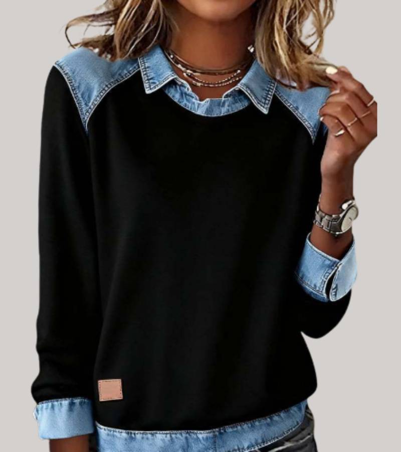 Pull Élégant Bimatière Femme – Sweat Confort avec Finition Denim