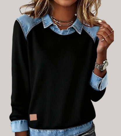 Pull Élégant Bimatière Femme – Sweat Confort avec Finition Denim