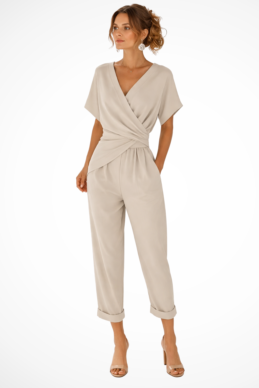 Combinaison courte portefeuille pour femme – Manches courtes et poches – Style décontracté d'été