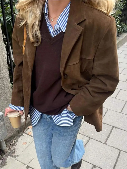 Veste Blazer Oversize Élégante en Daim Marron pour Femme – Confort