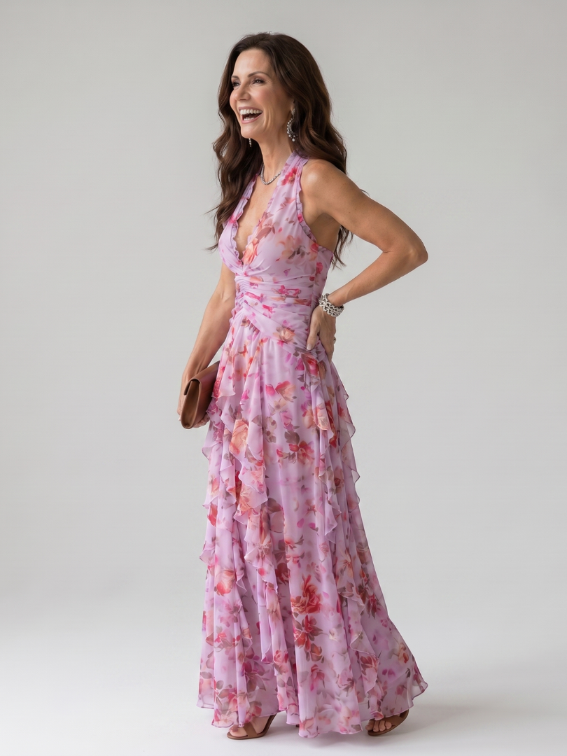 Women's Floral Maxi Dress with Halter Neck and Ruched Bustier - Refined and Summery