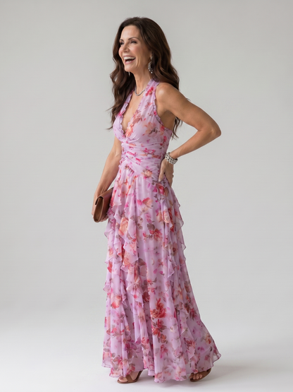 Women's Floral Maxi Dress with Halter Neck and Ruched Bustier - Refined and Summery