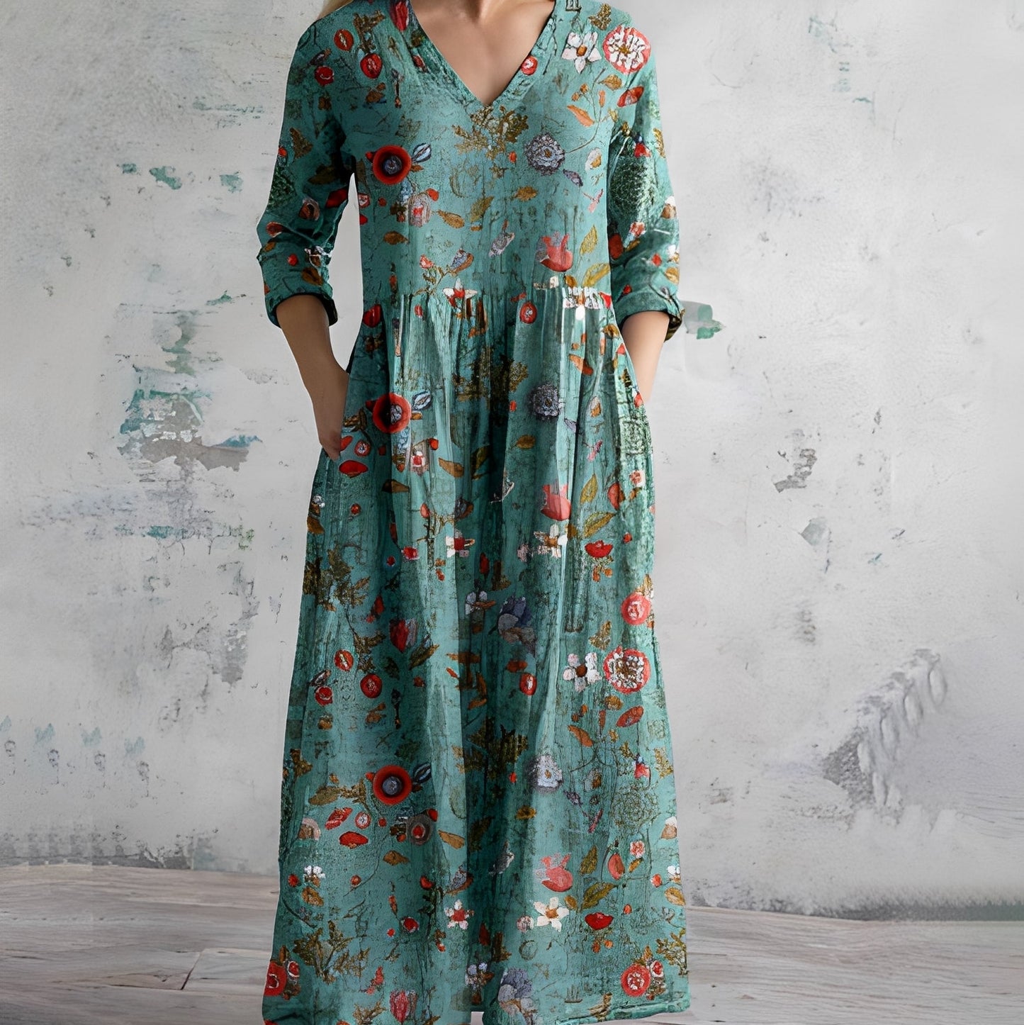 Robe Maxi Imprimée Style Bohème pour Femme – Manches Longues Col en V avec Poches