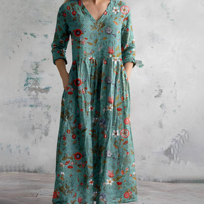 Robe Maxi Imprimée Style Bohème pour Femme – Manches Longues Col en V avec Poches