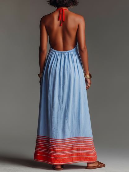 Robe maxi femme col halter rayee avec poches - Legere et elegante