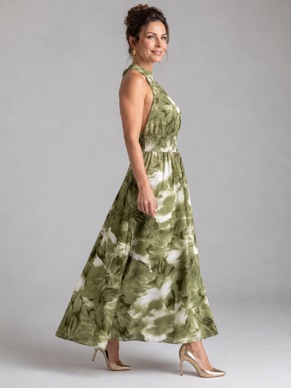 Women's Midi Dress with Abstract Print and Ruched Waist - Flowing and Elegant