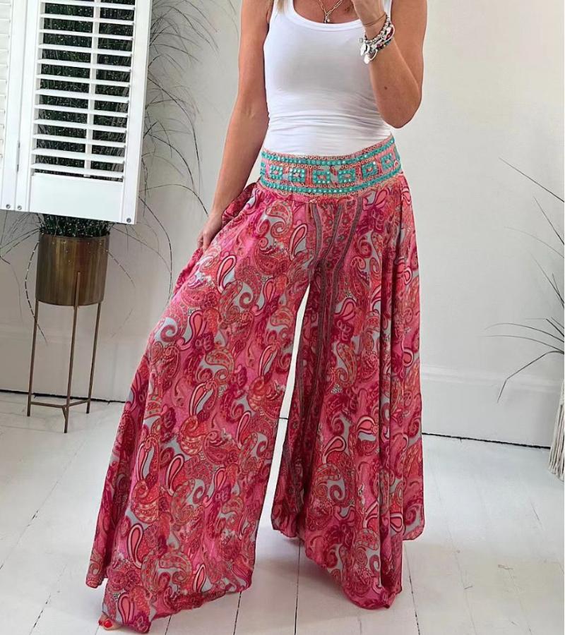 Pantalon Palazzo Bohème Élégant Femme – Pantalon Large Décontracté Taille Élastique