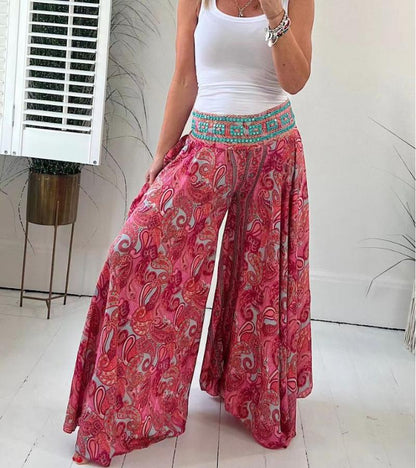 Pantalon Palazzo Bohème Élégant Femme – Pantalon Large Décontracté Taille Élastique