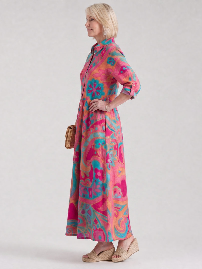 Robe midi imprimee femme col chemise boutonnee - Elegante et facile a porter