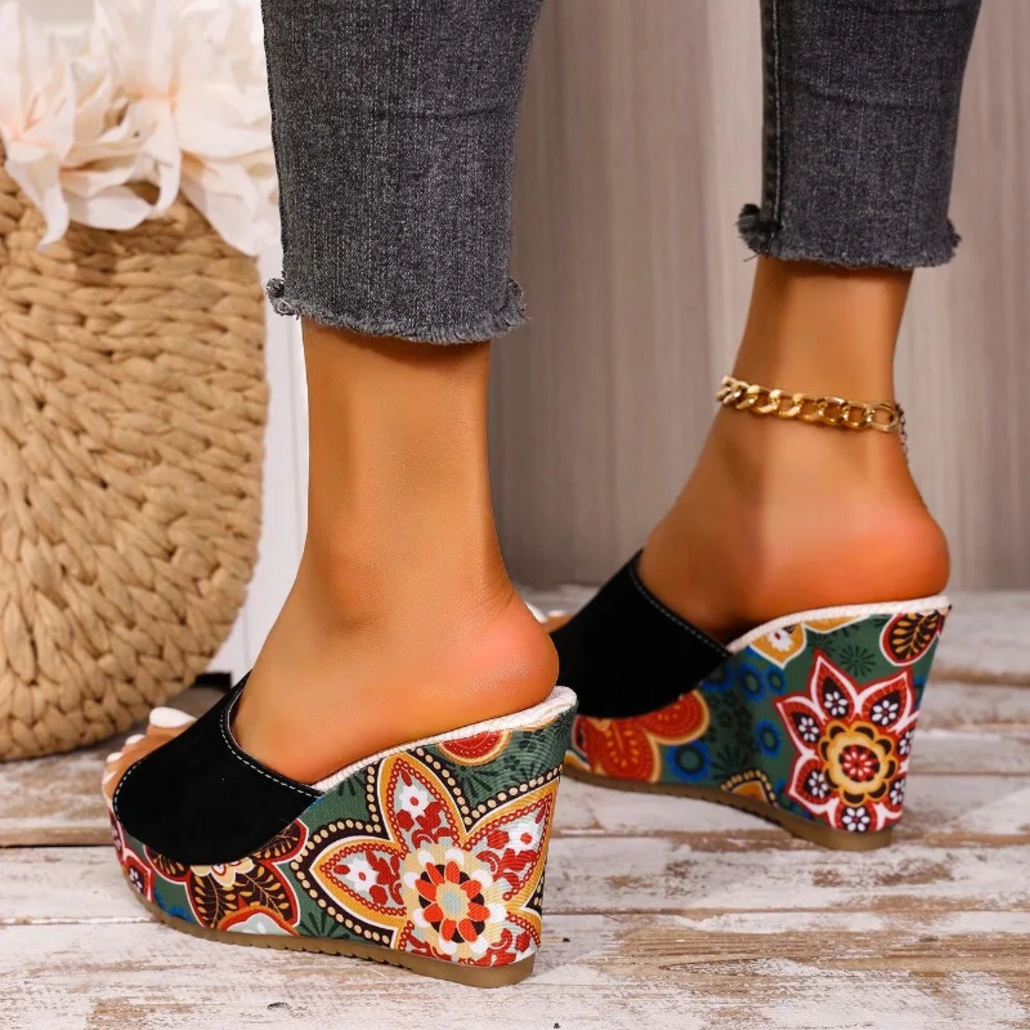Sandales Femme Bohème à Talon Compensé Velours – Style Élégant Confort Été