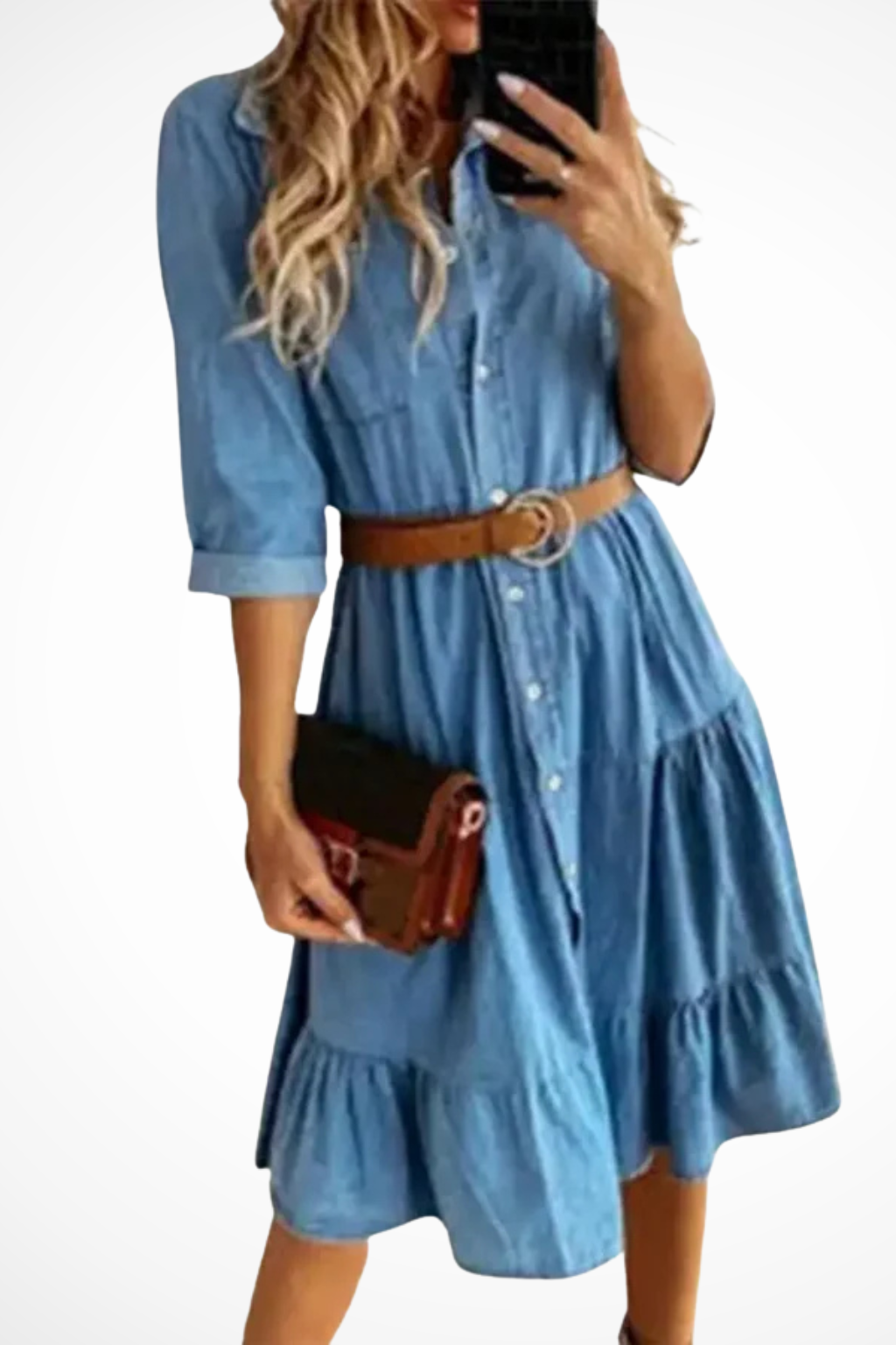 Robe-chemise midi en jean à volants pour femme – Style décontracté chic avec ceinture, idéal au quotidien