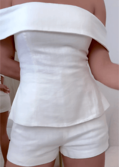 Ensemble Deux-Pièces Femme en Coton-Lin Blanc – Tenue Élégante et Légère