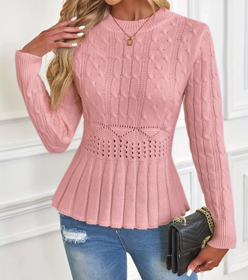 Pull Élégant Côtelé à Basque Femme – Maille Épaisse Col Rond