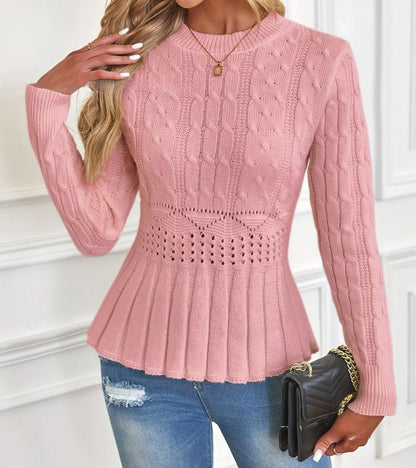 Pull Élégant Côtelé à Basque Femme – Maille Épaisse Col Rond