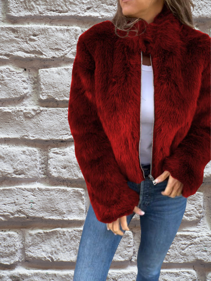 Veste Femme Courte Zippée Manches Longues Avec Fausse Fourrure