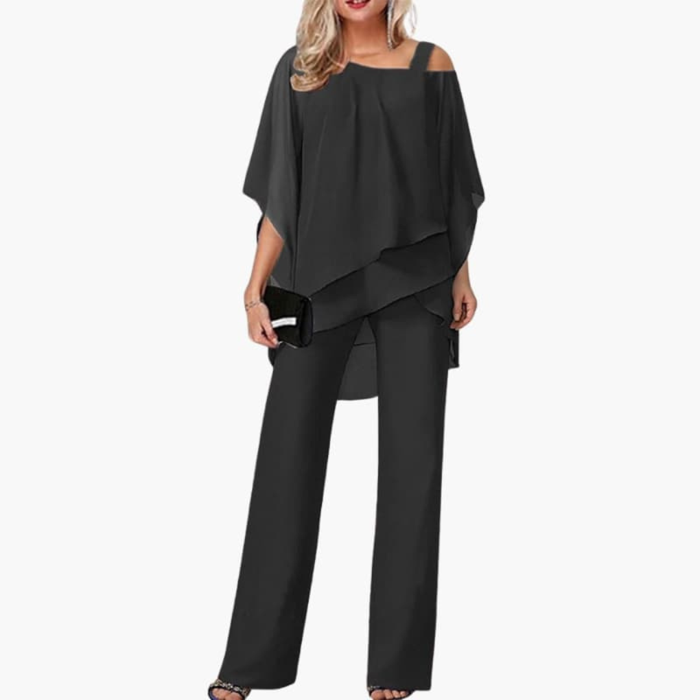Ensemble Chiffon Épaules Dénudées Femme – Haut Élégant et Pantalon Large