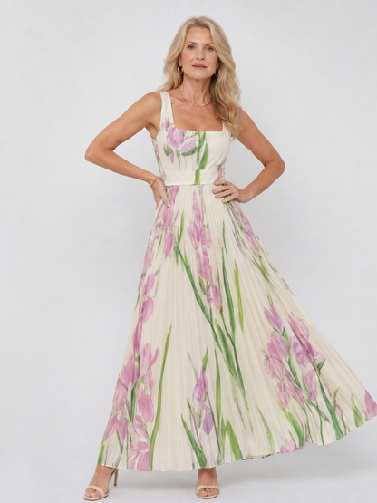 Vestito midi plissettato da donna senza maniche con scollo quadrato - Elegante ed estivo