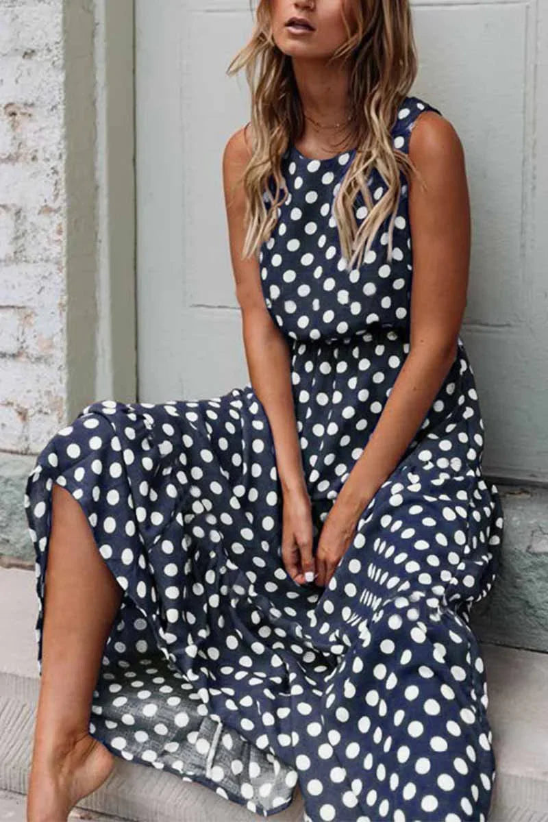 Robe Longue Femme Sans Manches à Pois Coupe Décontractée