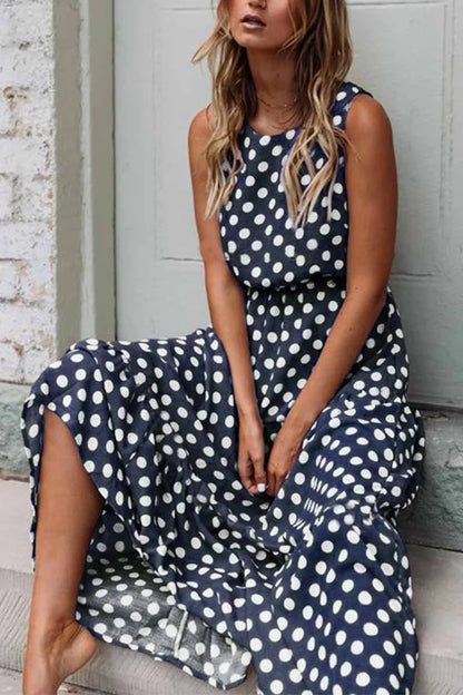 Robe Longue Femme Sans Manches à Pois Coupe Décontractée