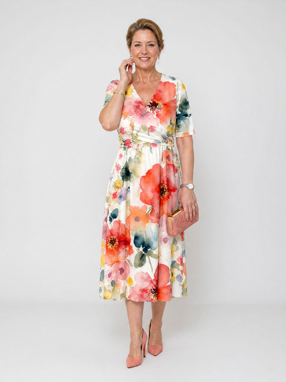 Women's floral midi dress with V-neck and short sleeves - Light and flattering