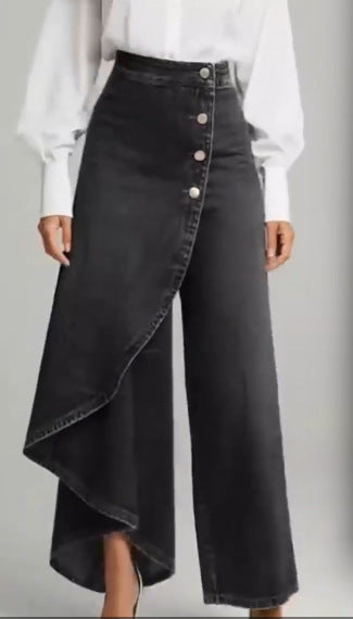 Pantalon faux jean droit unique pour femmes – Pantalon mode avec boutons à volants