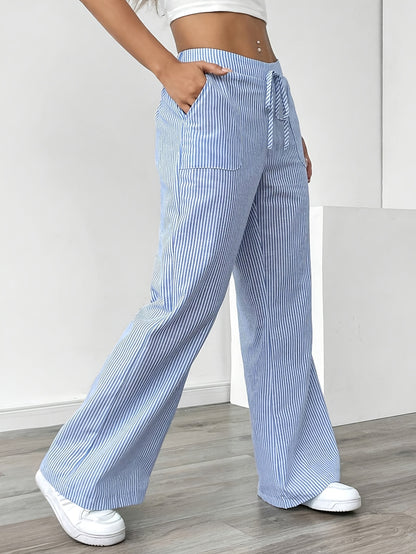 Pantalon Jambe Large à Poches Latérales, Imprimé Rayé Décontracté Taille Cordon, Printemps &amp; Été, Vêtements pour Femmes
