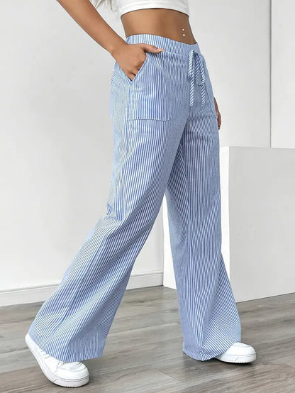 Pantalon large décontracté à rayures pour femme, élégant et décontracté – Pantalon d'été léger et respirant avec poches