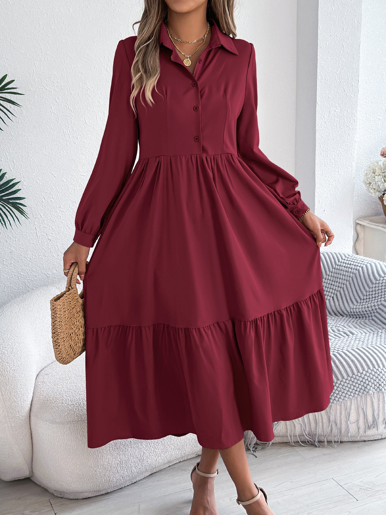 Robe Chemise à Volants Femme – Coupe Relaxed, Manches Longues Midi Élégante