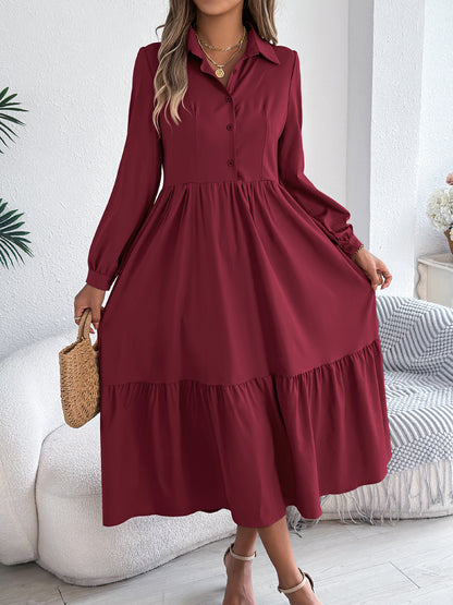 Robe Chemise à Volants Femme – Coupe Relaxed, Manches Longues Midi Élégante