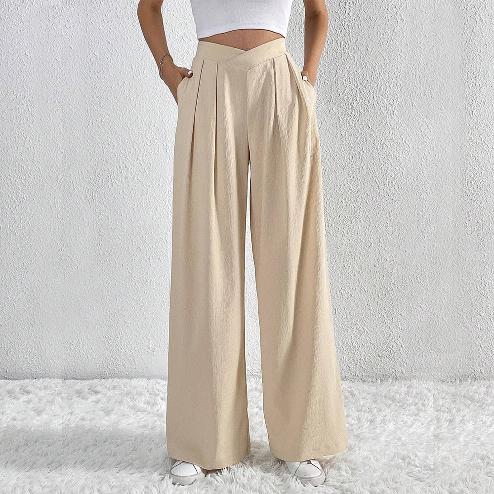 Pantalon Large Plissé Taille Haute Femme – Style Décontracté d’Été