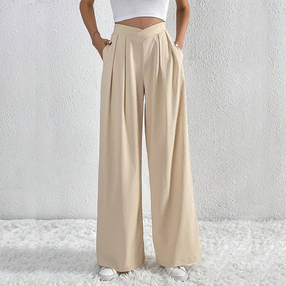 Pantalon Large Plissé Taille Haute Femme – Style Décontracté d’Été