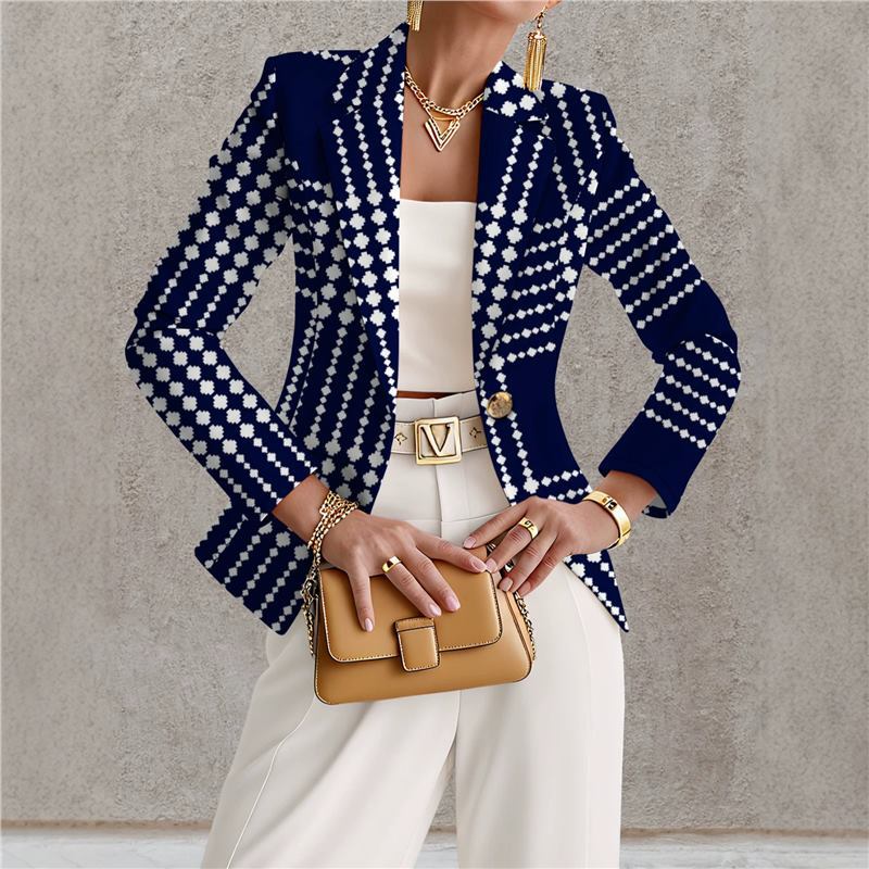 Marineblå blazer til kvinder med hvide prikker – Chic, elegant og afslappet stil