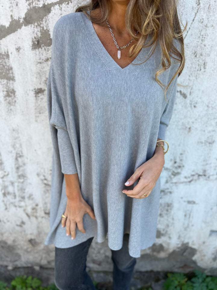 Pull Femme Oversize À Col V Tricoté en Noir