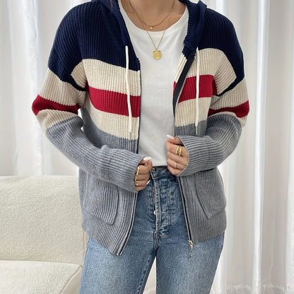 Women's zip-up color-block hooded cardigan - Comfortable and modern