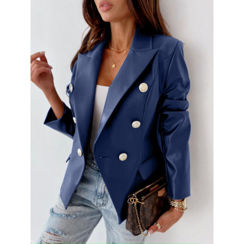 Blazer da donna a maniche lunghe in pelle sintetica, doppiopetto – Stile chic, elegante, casual e raffinato