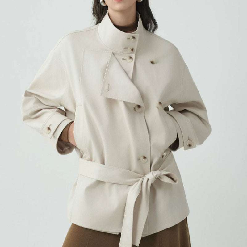Women's Double-Breasted Stand-Collar Jacket – Elegant Fitted Style for Petite Sizes