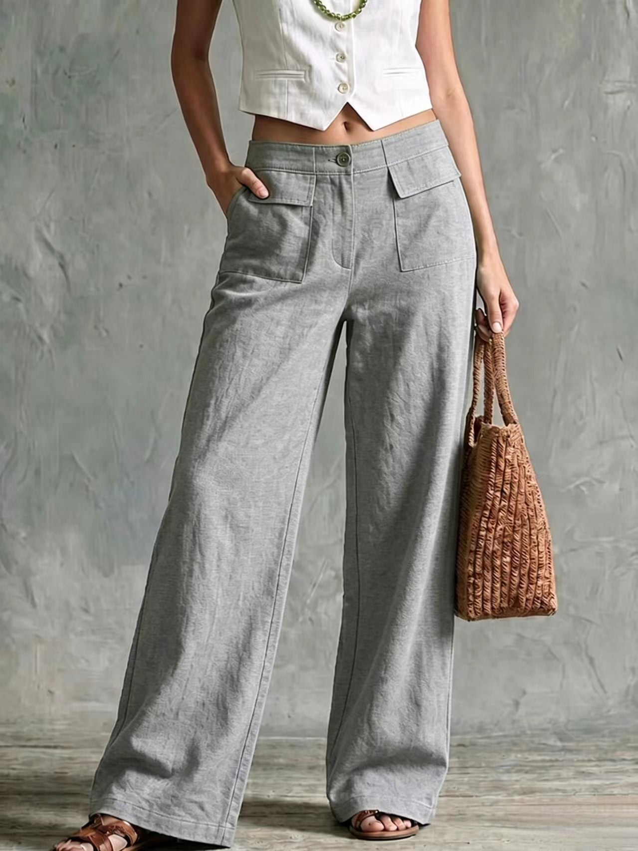Pantalon femme uni ample a taille elastique decontractee