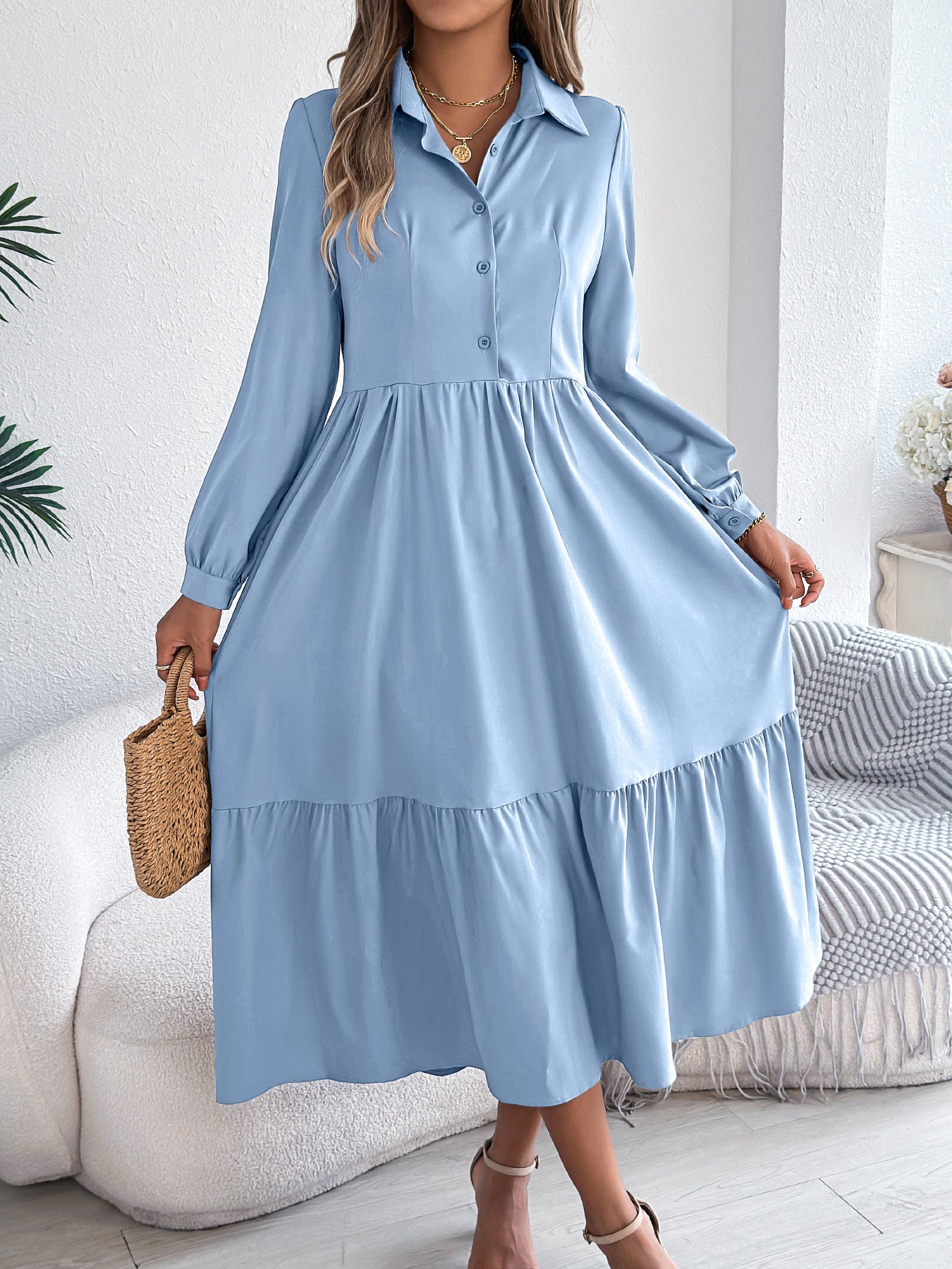 Robe Chemise à Volants Femme – Coupe Relaxed, Manches Longues Midi Élégante