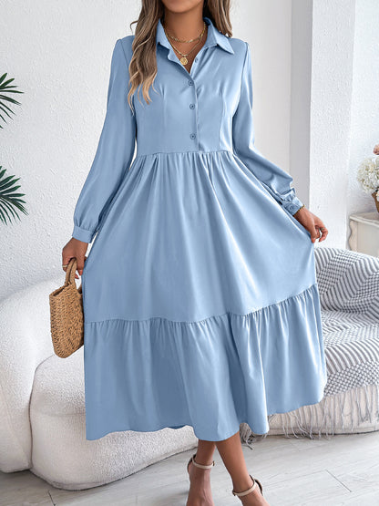 Robe Chemise à Volants Femme – Coupe Relaxed, Manches Longues Midi Élégante