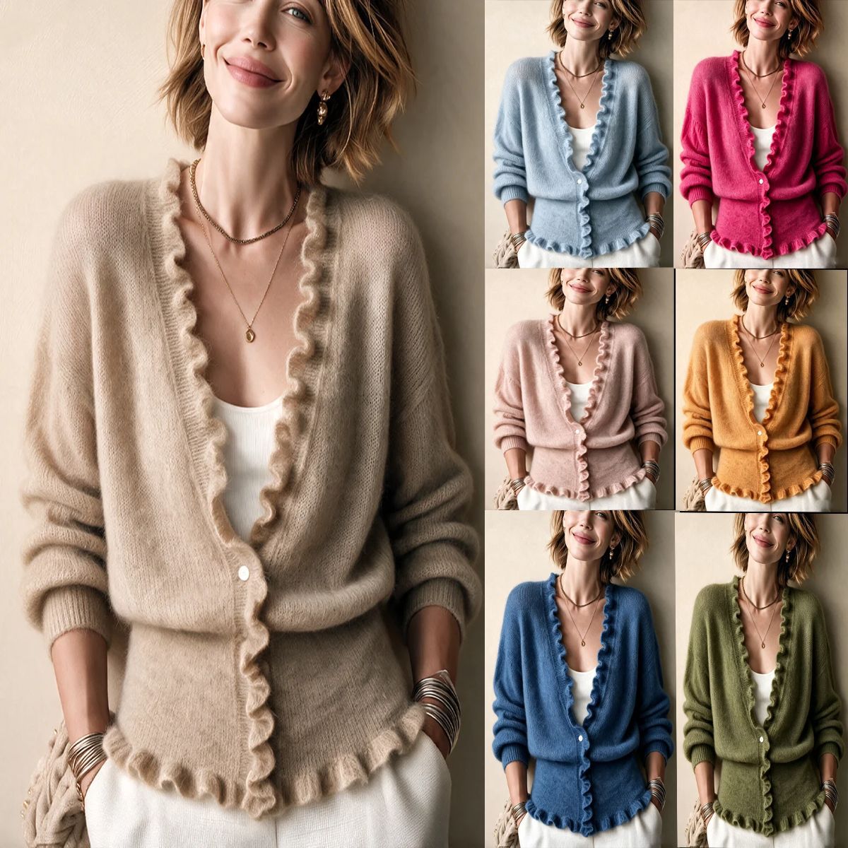 Cardigan da donna con scollo a V e orlo volant - Morbido e femminile
