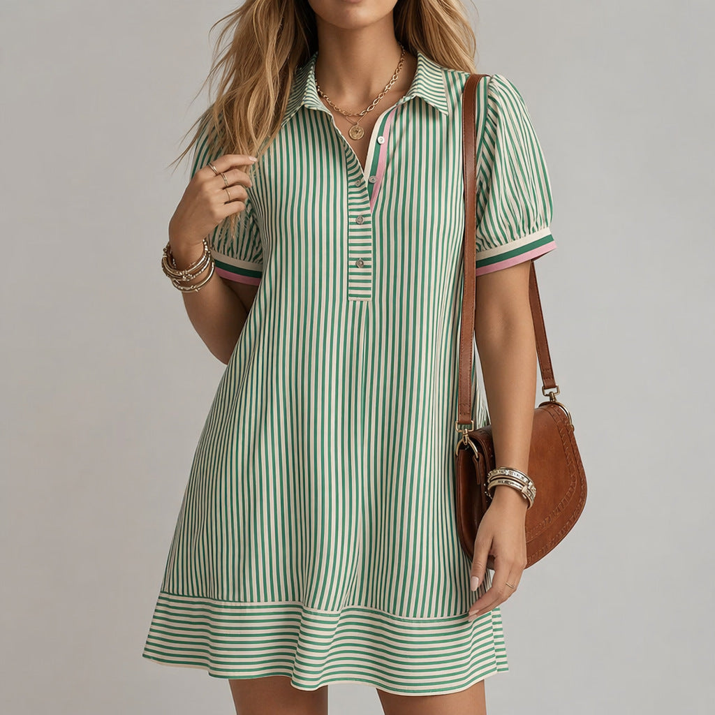 Vestido camisa de mujer a rayas con cuello alto y mangas abullonadas