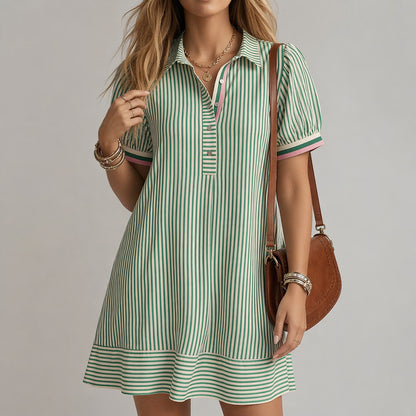 Vestido camisa de mujer a rayas con cuello alto y mangas abullonadas