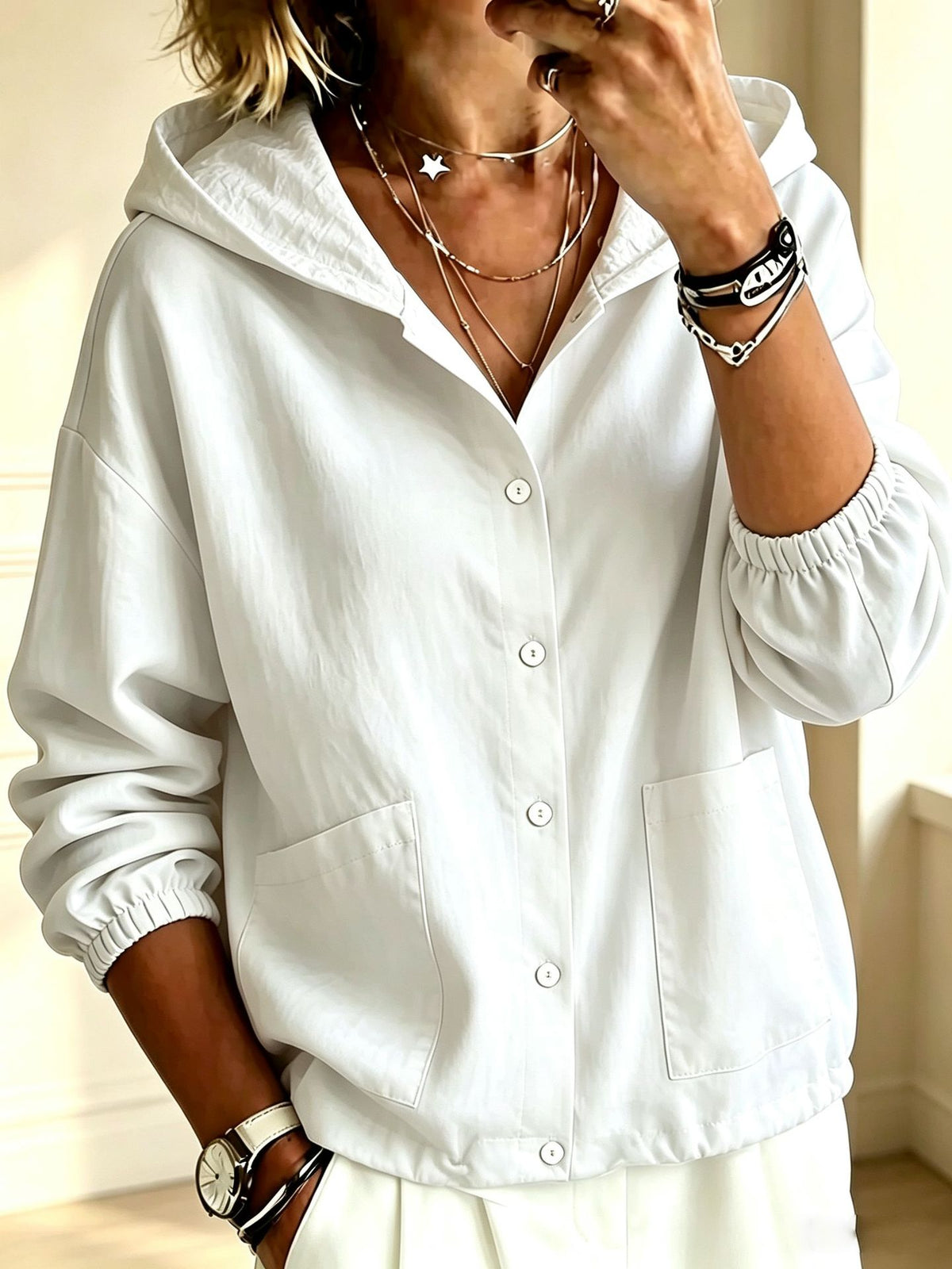 Giacca da donna con cappuccio e bottoni, vestibilità ampia – Stile casual e confortevole