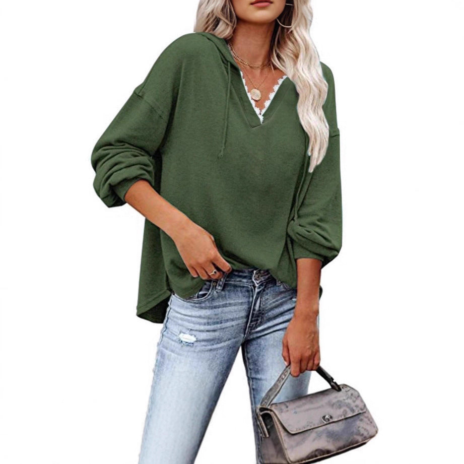 Sudadera de mujer con capucha, cuello en V de encaje y mangas largas