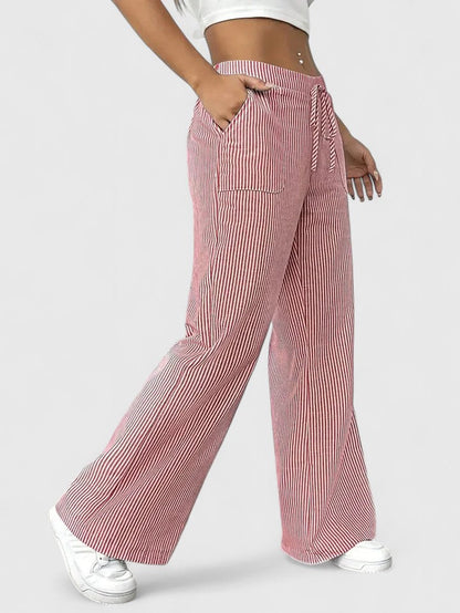 Pantalon Large Confortable Élégant Femme – Style Rayé avec Cordon