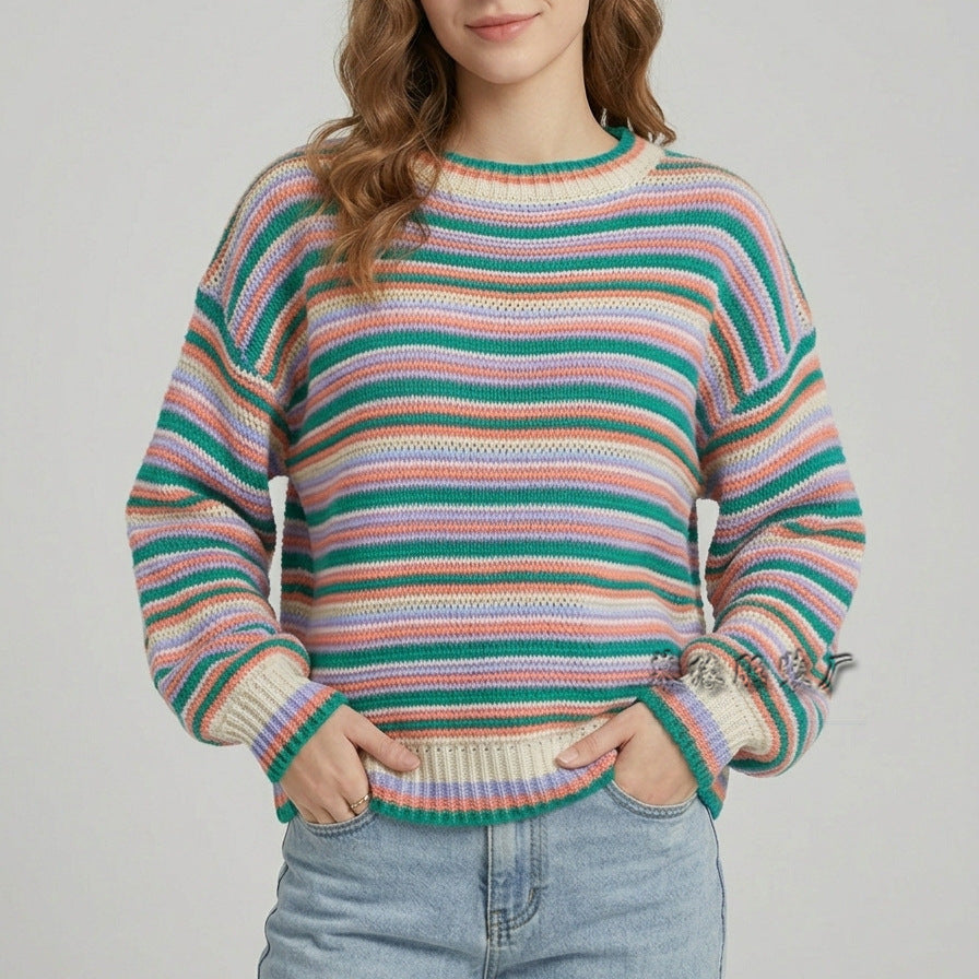 Maglione da donna in maglia a righe con scollo rotondo – Vestibilità ampia, stile casual e confortevole